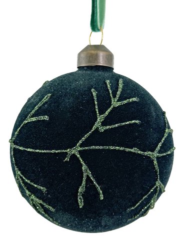 shishi Glass ball dk green velvet w/glitter branch 8cm