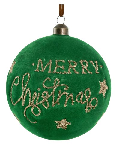 shishi Glass ball dk green velvet w/gold beads Merry Christmas 12cm
