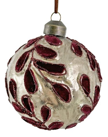 shishi Glass ball grey frosted w/burgundy velvet 8cm