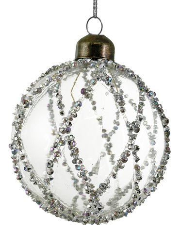 shishi Glass ball transparent w/silver diamonds lines 8cm