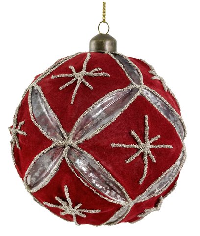 shishi Glass floral ball dk antique grey w/silver beads & red velvet 12cm