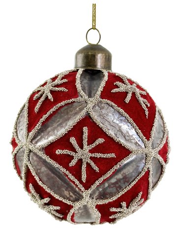 shishi Glass floral ball dk antique grey w/silver beads & red velvet 8cm