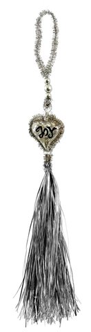 shishi Glass heart ornament with silver tinsel and tassel 35cm
