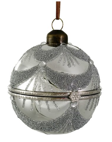 shishi Glass opening ball silver w/silver glitter and silver beads 8cm
