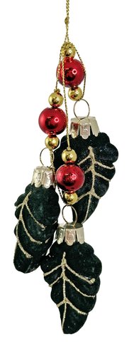 shishi Glass small holly leaves bundle velvet green with red glass balls 18cm