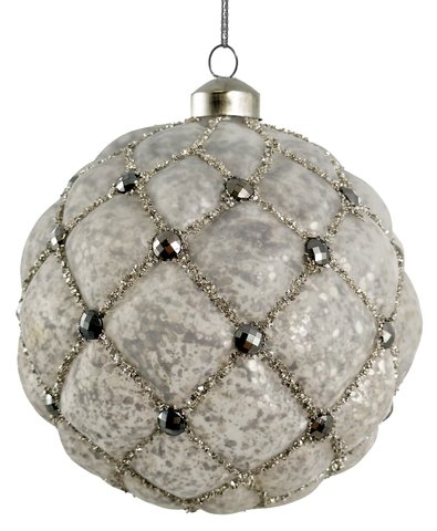shishi Glass velvet ball antique silver mat w/silver glitter & grey gem 12cm
