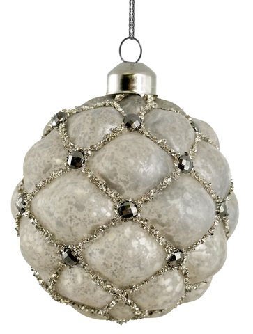 shishi Glass velvet ball antique silver mat w/silver glitter & grey gem 8cm