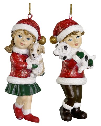 shishi Kids holding dog ornament mix2 red green 10cm