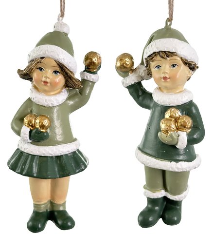 shishi Kids playing snowballs ornament green white gold mix2 10cm