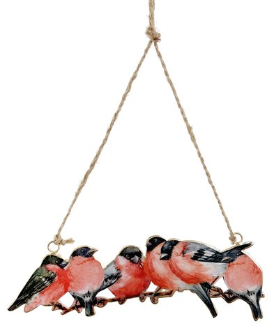shishi Metal bullfinch x6 on branch ornament red 20cm