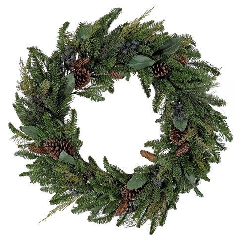 shishi Mixed green wreath with blue berries and cones 95cm