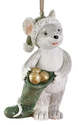 shishi Mouse with a sock ornament white brown green 5 5cm