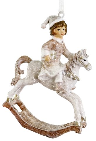 shishi Boy on horse ornament white silver 8cm