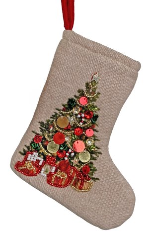 shishi Cotton stocking with beaded tree 16 5cm