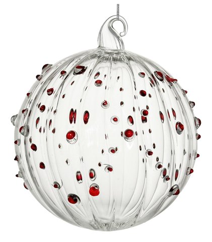 shishi Glass ball lined clear w/red dots 10cm