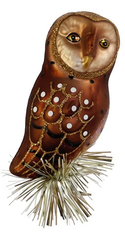 shishi Glass owl brown with tinsel on clip 11cm