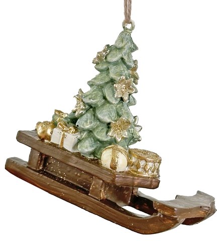 shishi Sleigh ornament with Christmas tree brown green 7cm