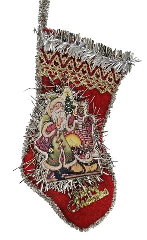 shishi Stocking ornament red with Santa and tinsel 19cm