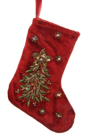 shishi Velvet sock red with green tree embroidery 14cm