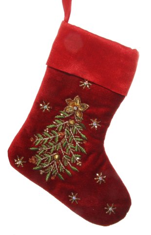 shishi Velvet sock red with green tree embroidery 20cm