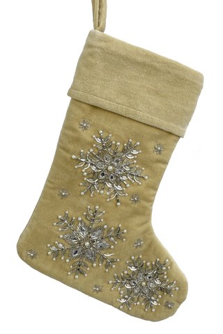 shishi Velvet stocking beige beaded silver snowflakes 35cm