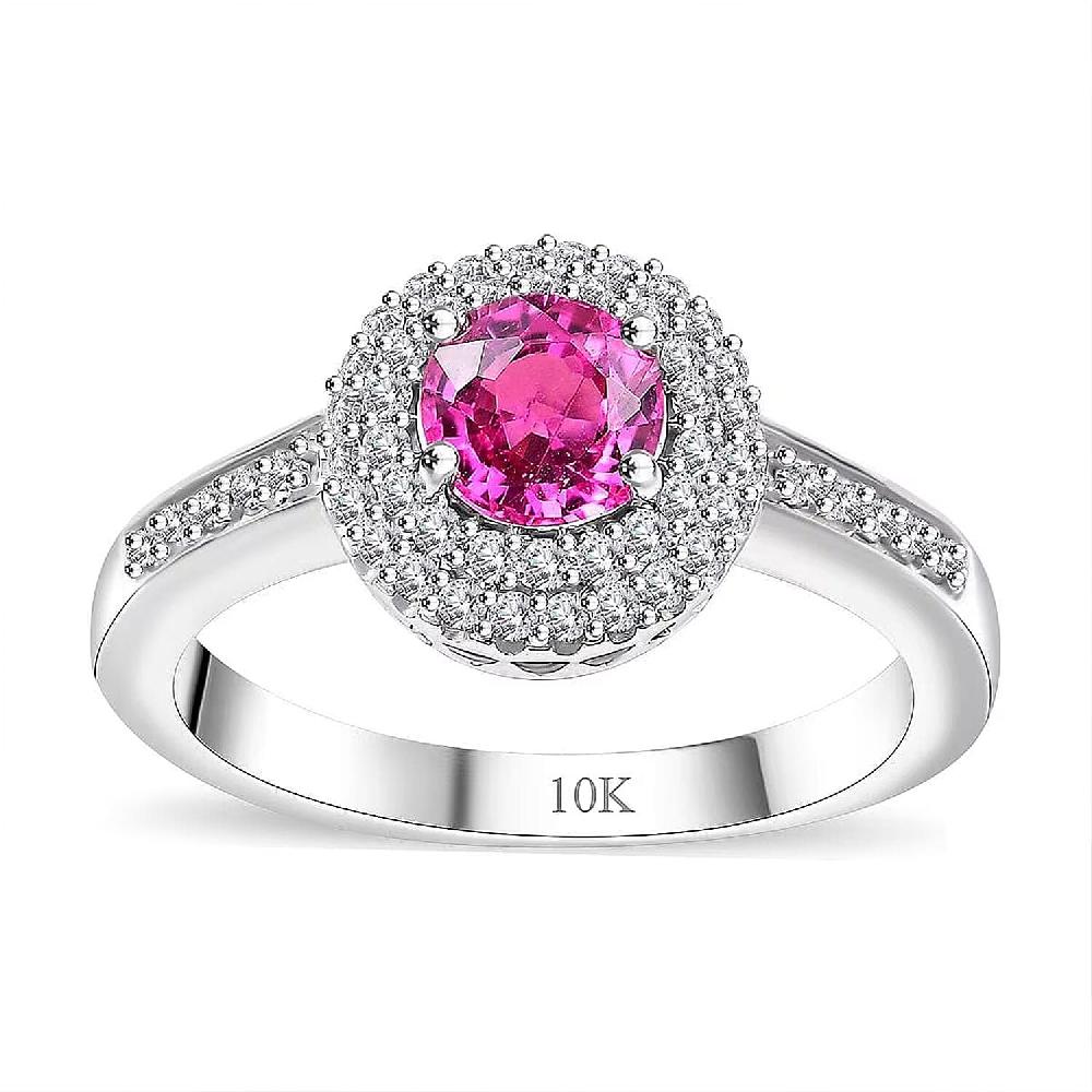 shop lc 10K White Gold AAA Pink Sapphire White Diamond I2 Main Stone With Side Stone Ring Gold Wt. 3.73 g 1.12 ctw