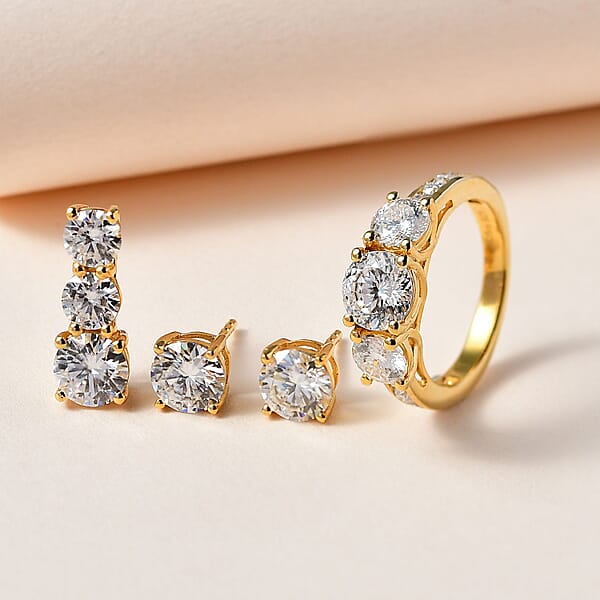 Shop Lc 120 Facet Moissanite (Rnd 6.5mm) Trilogy Ring Pendant Without Chain And Stud Earrings Jewelry Set For Women In Vermeil YG Over Sterling Silver 6.20 Ctw