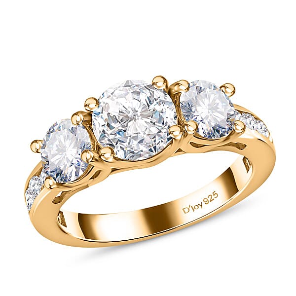 Shop Lc 120 Facet Moissanite (Rnd 6.5mm) Trilogy Ring Pendant Without Chain And Stud Earrings Jewelry Set For Women In Vermeil YG Over Sterling Silver 6.20 Ctw