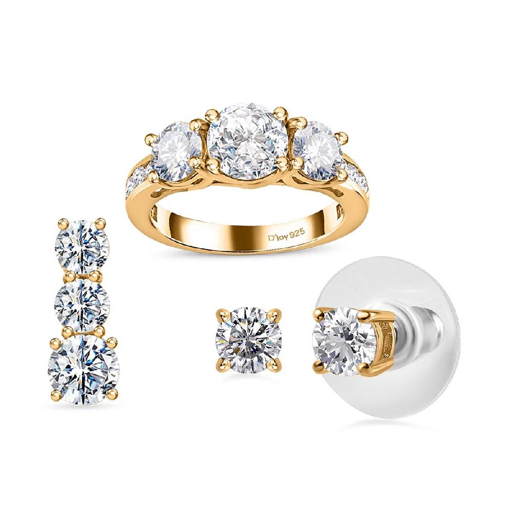 shop lc 120 Facet Moissanite (Rnd 6.5mm) Trilogy Ring Pendant without Chain and Stud Earrings Jewelry Set For Women in Vermeil YG Over Sterling Silver 6.20 ctw