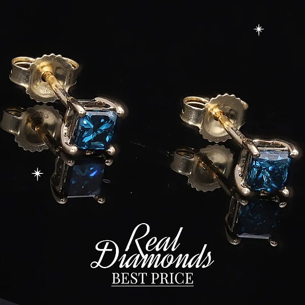 Shop Lc 14K Yellow Gold Blue Diamond (IR) Square Stud Earrings 0.65 Ctw