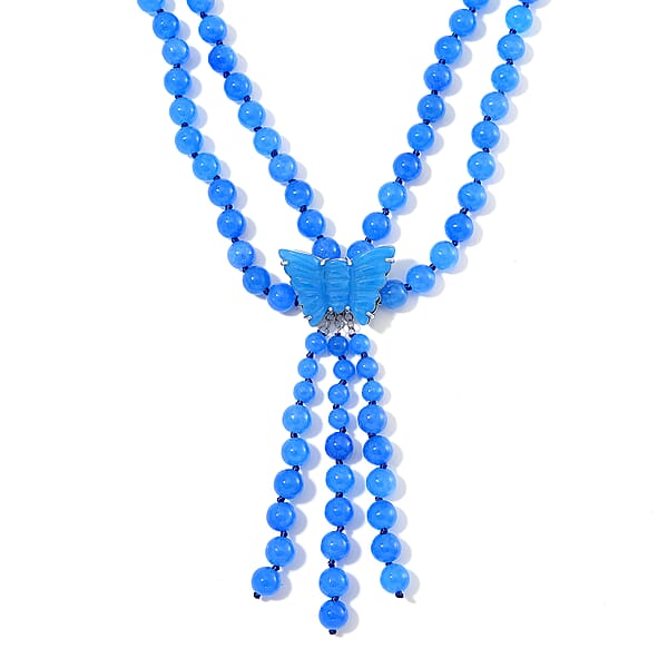 Shop Lc 2 Piece Set - Blue Jade (D) 570 Ctw Carved Butterfly Pendant And 2 Row Beaded Necklace (18 Inches) In Rhodium Over Sterling Silver