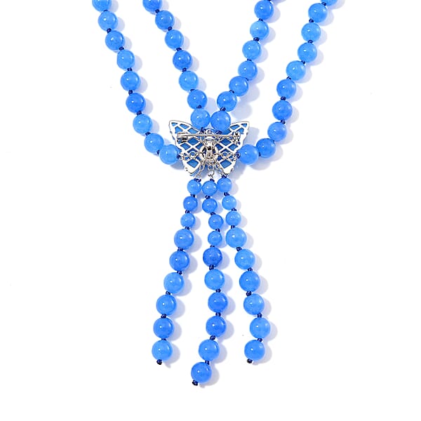 Shop Lc 2 Piece Set - Blue Jade (D) 570 Ctw Carved Butterfly Pendant And 2 Row Beaded Necklace (18 Inches) In Rhodium Over Sterling Silver