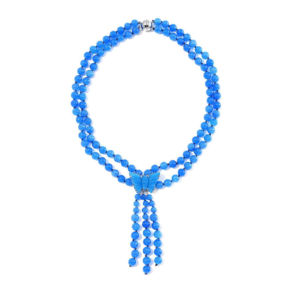 shop lc 2 Piece Set - Blue Jade (D) 570 ctw Carved Butterfly Pendant and 2 Row Beaded Necklace (18 Inches) in Rhodium Over Sterling Silver