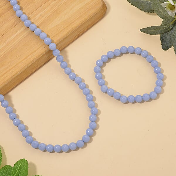 Shop Lc 2 Piece Set Blue Luminous Glowing In Dark Beaded 210.00 Ctw Stretch Bracelet (6.5-7In) And Necklace 18-20 Inches In Stainless Steel