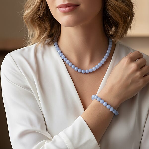 Shop Lc 2 Piece Set Blue Luminous Glowing In Dark Beaded 210.00 Ctw Stretch Bracelet (6.5-7In) And Necklace 18-20 Inches In Stainless Steel