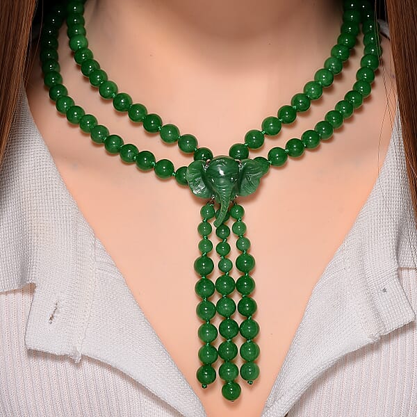 Shop Lc 2 Piece Set - Green Jade (D) 570 Ctw Carved Butterfly Pendant And 2 Row Beaded Necklace 18 Inches In Rhodium Over Sterling Silver