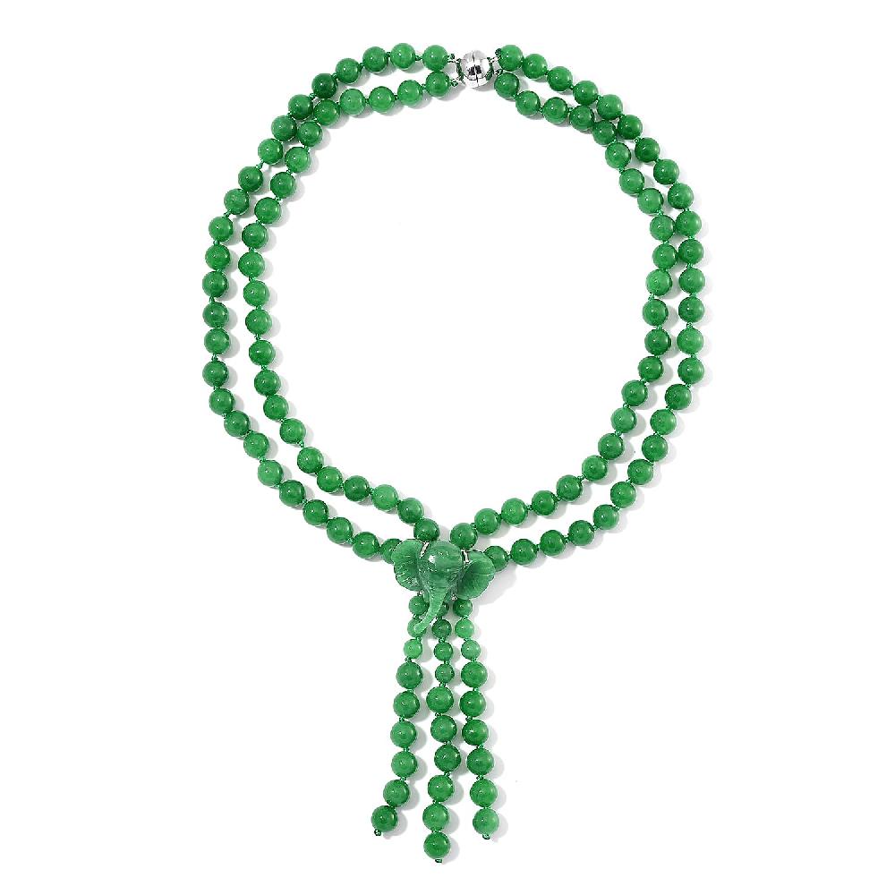 shop lc 2 Piece Set - Green Jade (D) 570 ctw Carved Butterfly Pendant and 2 Row Beaded Necklace 18 Inches in Rhodium Over Sterling Silver