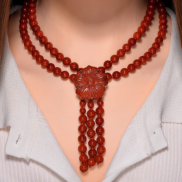 Shop Lc 2 Piece Set - Red Jade (D) 570 Ctw Carved Butterfly Pendant And 2 Row Beaded Necklace 18 Inches In Rhodium Over Sterling Silver