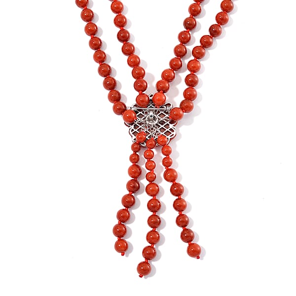 Shop Lc 2 Piece Set - Red Jade (D) 570 Ctw Carved Butterfly Pendant And 2 Row Beaded Necklace 18 Inches In Rhodium Over Sterling Silver