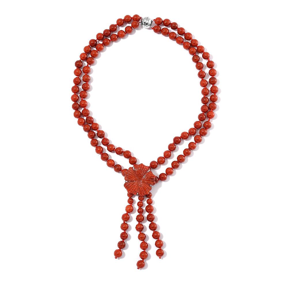 shop lc 2 Piece Set - Red Jade (D) 570 ctw Carved Butterfly Pendant and 2 Row Beaded Necklace 18 Inches in Rhodium Over Sterling Silver