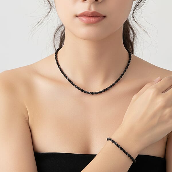 Shop Lc 2 Piece Set - Rope Chain Bracelet (8-10In) And Necklace (23-25 Inches) In ION Plated Black Stainless Steel