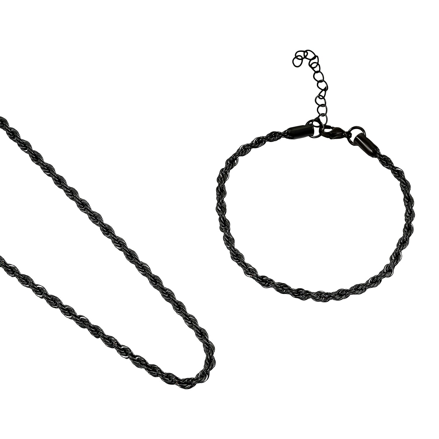shop lc 2 Piece Set - Rope Chain Bracelet (8-10In) and Necklace (23-25 Inches) in ION Plated Black Stainless Steel