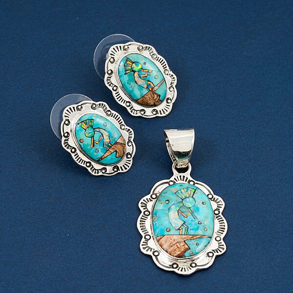 Shop Lc 2 Piece Set - Santa Fe Style Kingman Turquoise And Multi Gemstone 5.25 Ctw Kokopelli Pendant Without Chain And Earrings In Sterling Silver