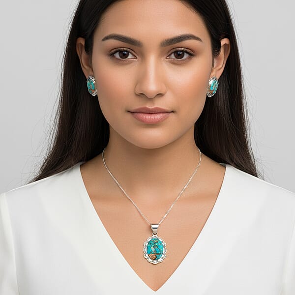 Shop Lc 2 Piece Set - Santa Fe Style Kingman Turquoise And Multi Gemstone 5.25 Ctw Kokopelli Pendant Without Chain And Earrings In Sterling Silver