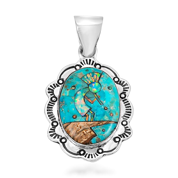 Shop Lc 2 Piece Set - Santa Fe Style Kingman Turquoise And Multi Gemstone 5.25 Ctw Kokopelli Pendant Without Chain And Earrings In Sterling Silver