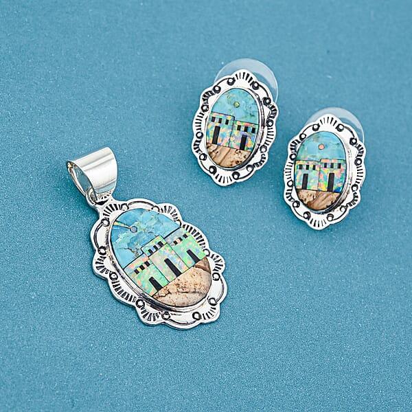 Shop Lc 2 Piece Set - Santa Fe Style Kingman Turquoise And Multi Gemstone 5.25 Ctw Kokopelli Pendant Without Chain And Earrings In Sterling Silver