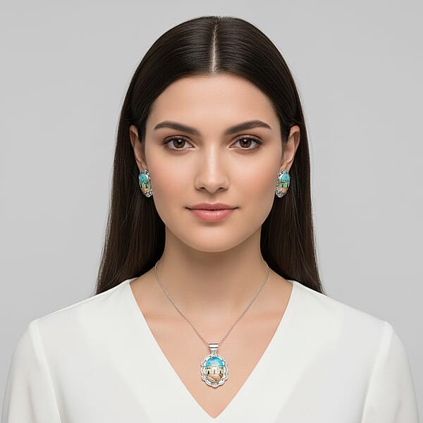 Shop Lc 2 Piece Set - Santa Fe Style Kingman Turquoise And Multi Gemstone 5.25 Ctw Kokopelli Pendant Without Chain And Earrings In Sterling Silver