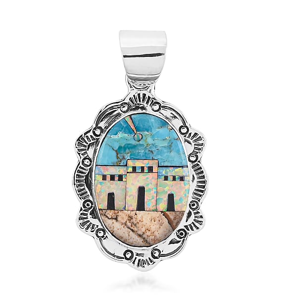 Shop Lc 2 Piece Set - Santa Fe Style Kingman Turquoise And Multi Gemstone 5.25 Ctw Kokopelli Pendant Without Chain And Earrings In Sterling Silver
