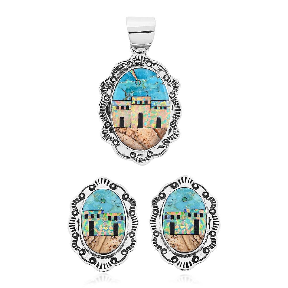 shop lc 2 Piece Set - Santa Fe Style Kingman Turquoise and Multi Gemstone 5.25 ctw Kokopelli Pendant without Chain and Earrings in Sterling Silver