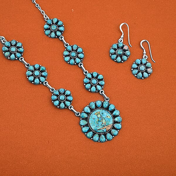 Shop Lc 2 Piece Set - Santa Fe Style Kingman Turquoise And Multi Gemstone 15.30 Ctw Necklace 20 Inches And Earrings In Sterling Silver